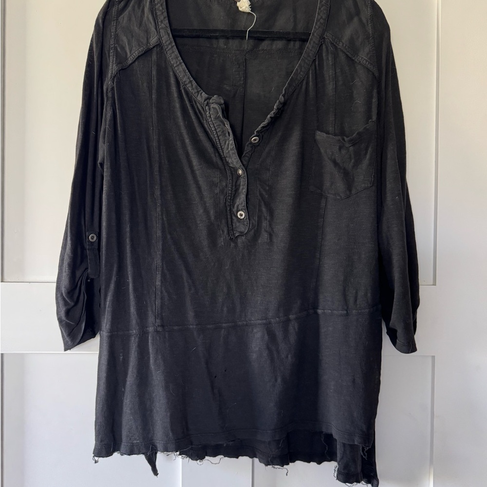 We The Free Black Relaxed Mandarin Collar Top